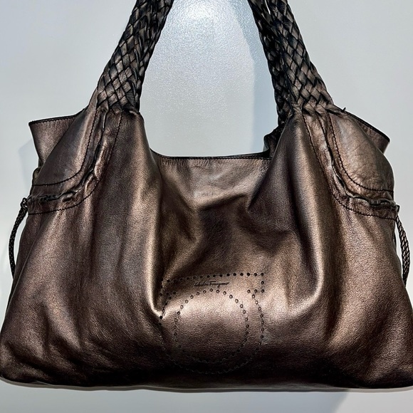 Salvatore Ferragamo Handbags - Salvatore Ferragamo Perforated Logo Metallic Bronze Ganchini Leather Tote Bag